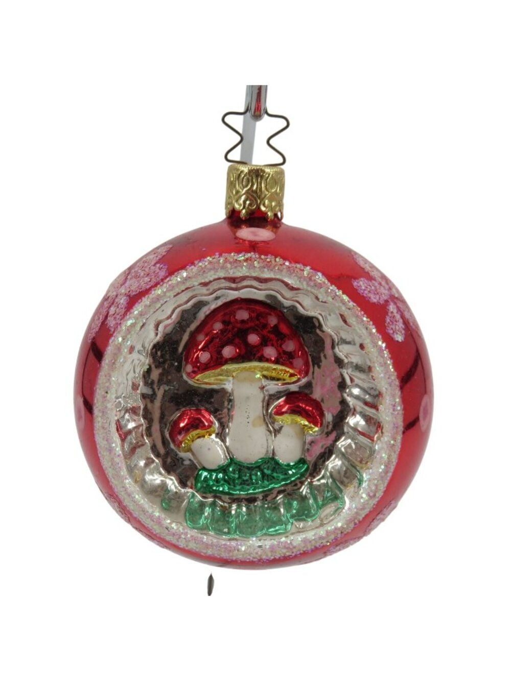 Inge Glas Mushrooms Reflector Red Silver Glittered Glass Ornament Christmas Xmas